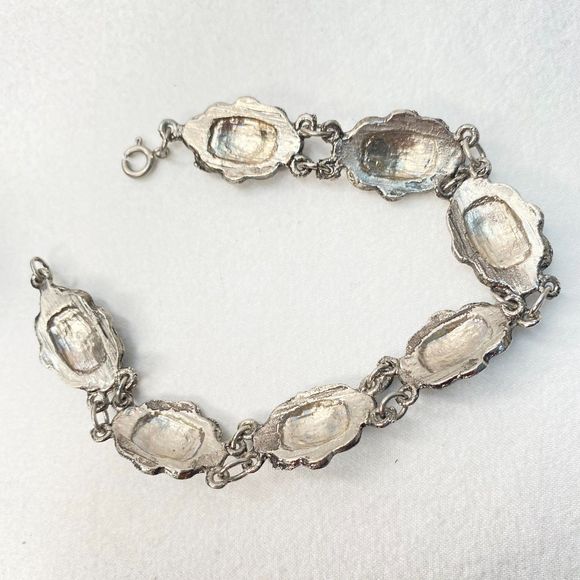 Concha Link Bracelet Blue Enamel Silver Tone Burnished Metal Spring Clasp - Picture 6 of 9